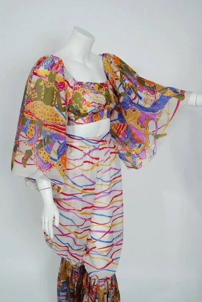 1991 Yves Saint Laurent Leon Bakst Novelty Print Silk Bell Sleeve Ensemble Set