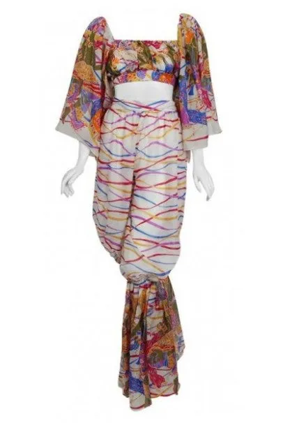 1991 Yves Saint Laurent Leon Bakst Novelty Print Silk Bell Sleeve Ensemble Set