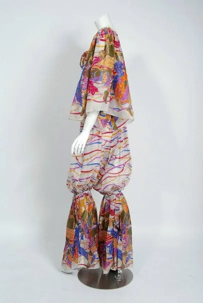 1991 Yves Saint Laurent Leon Bakst Novelty Print Silk Bell Sleeve Ensemble Set