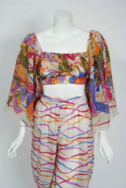 1991 Yves Saint Laurent Leon Bakst Novelty Print Silk Bell Sleeve Ensemble Set