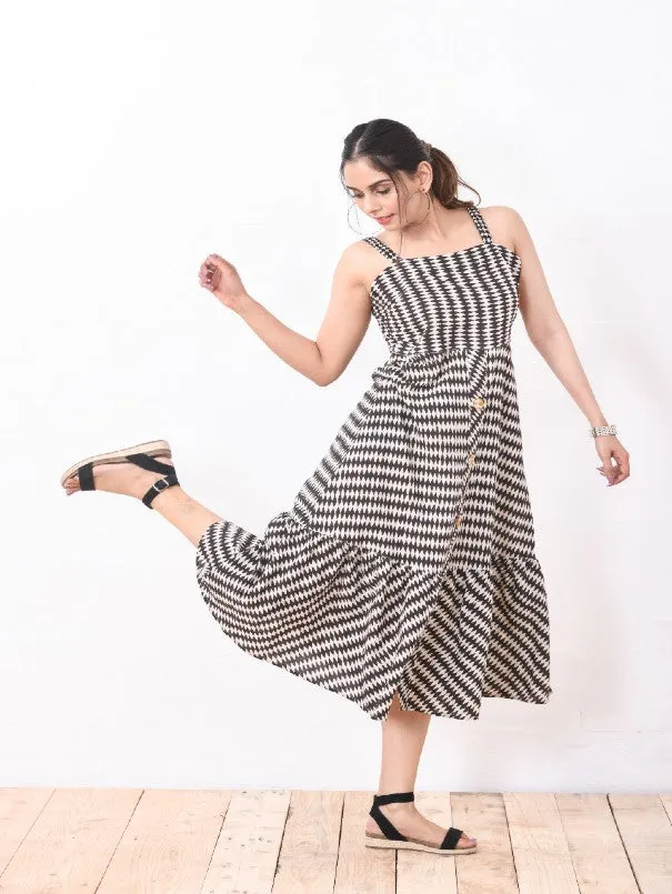 Black Block Printed Bottom Tier Cotton Dress