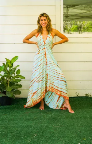 Blue Orange Shibori Hand Dyed Goddess Boho Maxi Dress