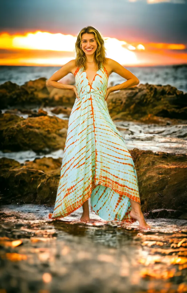 Blue Orange Shibori Hand Dyed Goddess Boho Maxi Dress