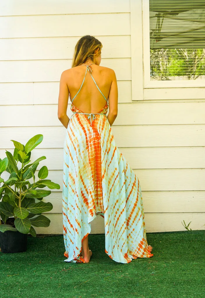 Blue Orange Shibori Hand Dyed Goddess Boho Maxi Dress