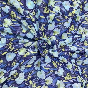 Blue With Mint Green Floral Print Chiffon Fabric