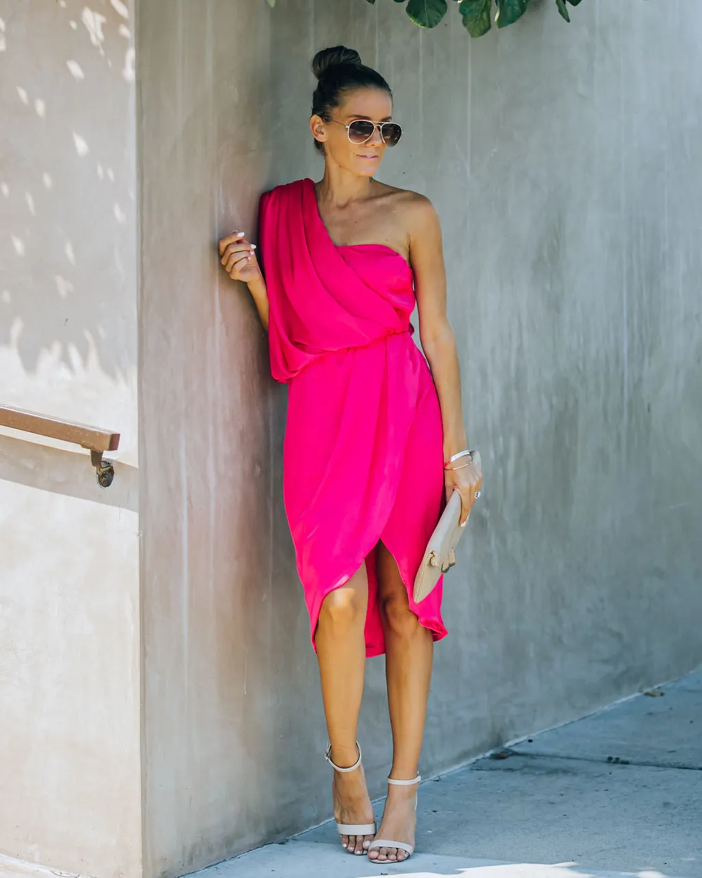 Brava Satin One Shoulder Drape Dress - Paradise Pink - FINAL SALE