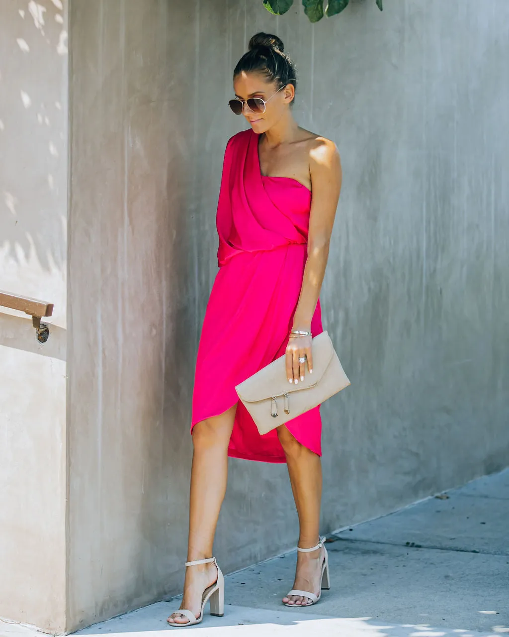 Brava Satin One Shoulder Drape Dress - Paradise Pink - FINAL SALE