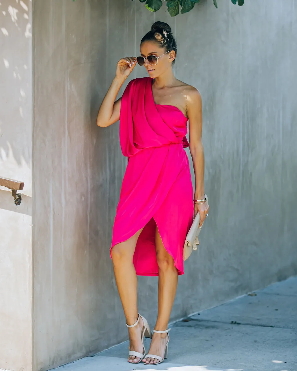 Brava Satin One Shoulder Drape Dress - Paradise Pink - FINAL SALE