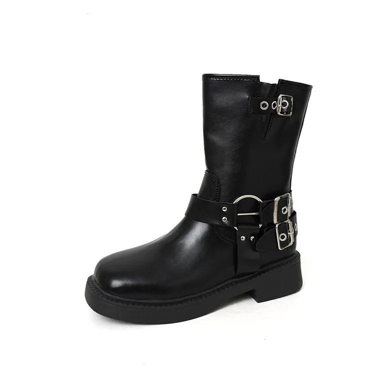 British Style Retro Solid Color Simple Mid-Calf  Autumn New Metal Buckle Chunky Heel Martin Boots