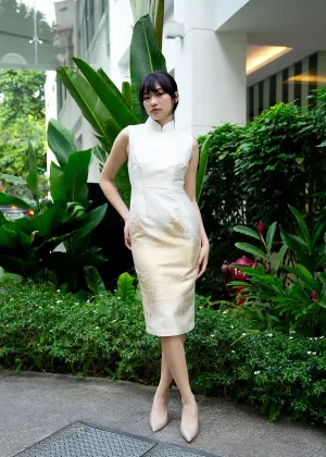 Common Mallows Midi Qipao (White/ Gold) - RTW