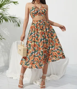 deanwangkt Summer Boho Bikini Set Dress Chic Women Elastic Waist Two Pieces Skirt with Female Beach Holiday Floral Print Midi Sets