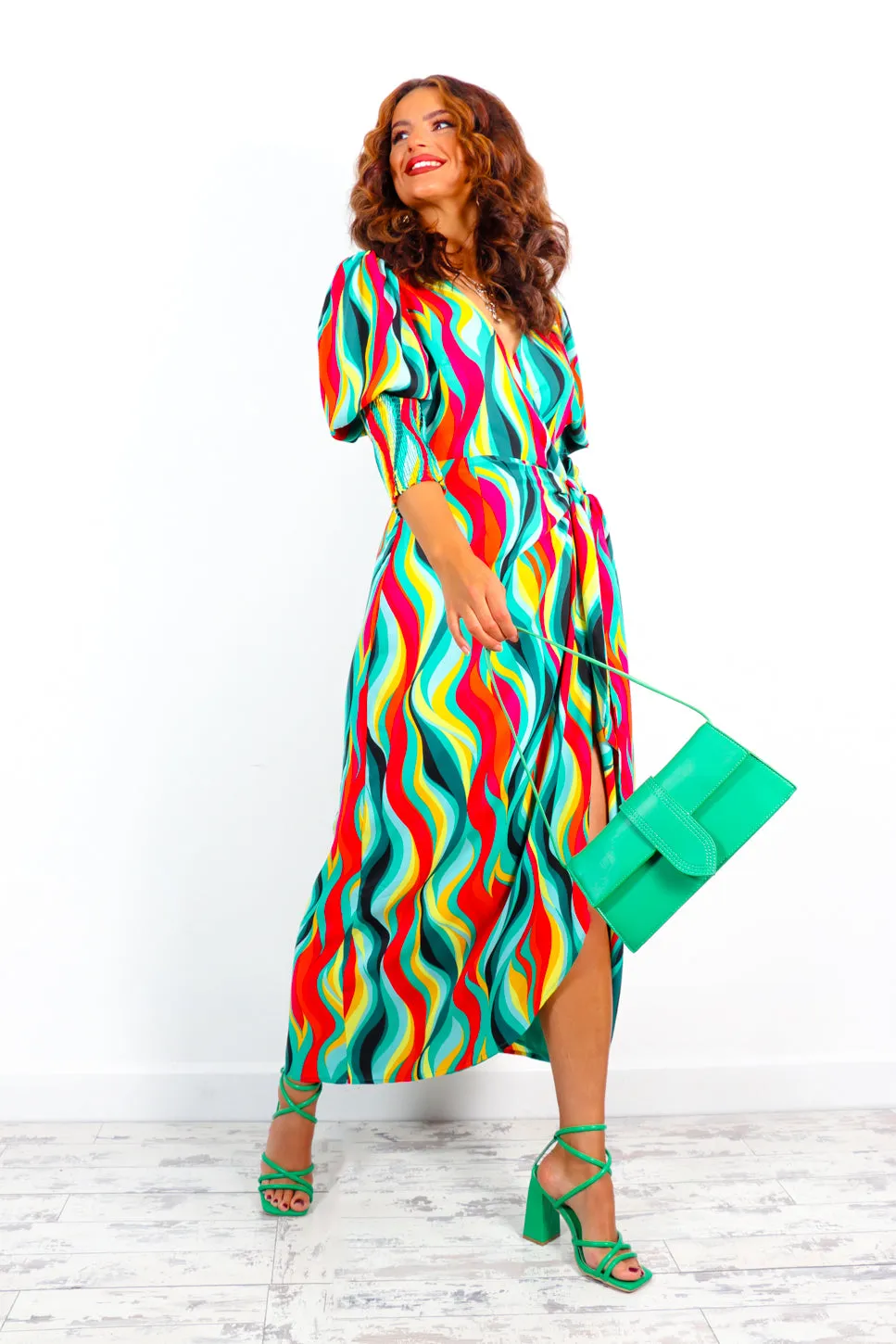 Drive Em Wild - Green Yellow Multi Wave Print Wrap Midi Dress