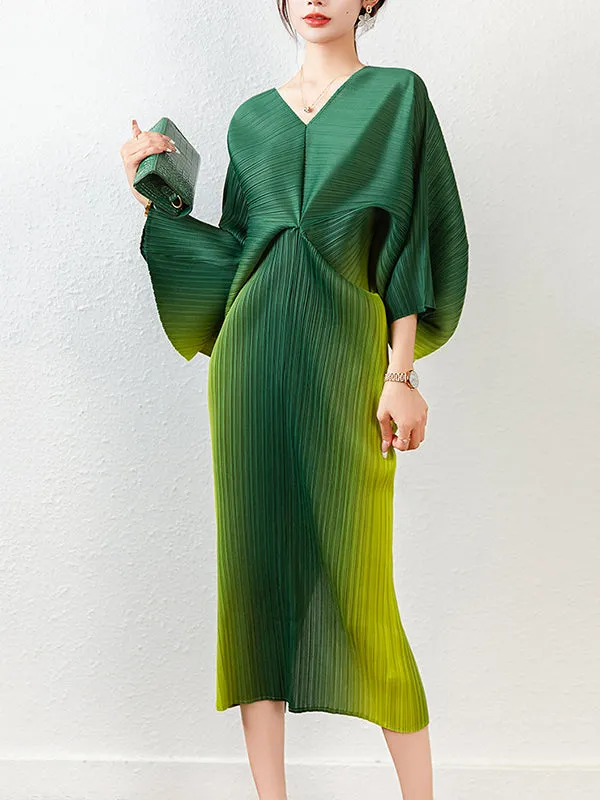 Fashion Loose Batwing Sleeves Gradient Pleated Midi Dress