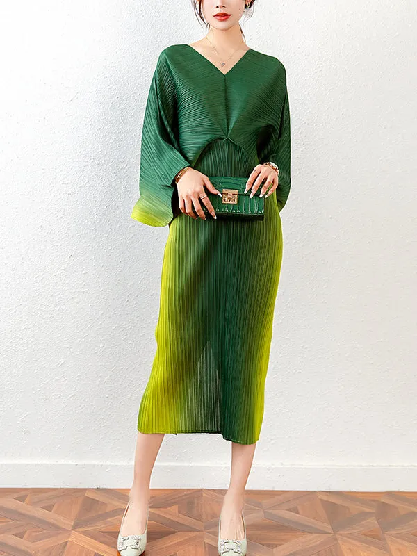 Fashion Loose Batwing Sleeves Gradient Pleated Midi Dress