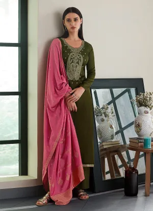 Green And Pink Embroidered Pant Style Suit