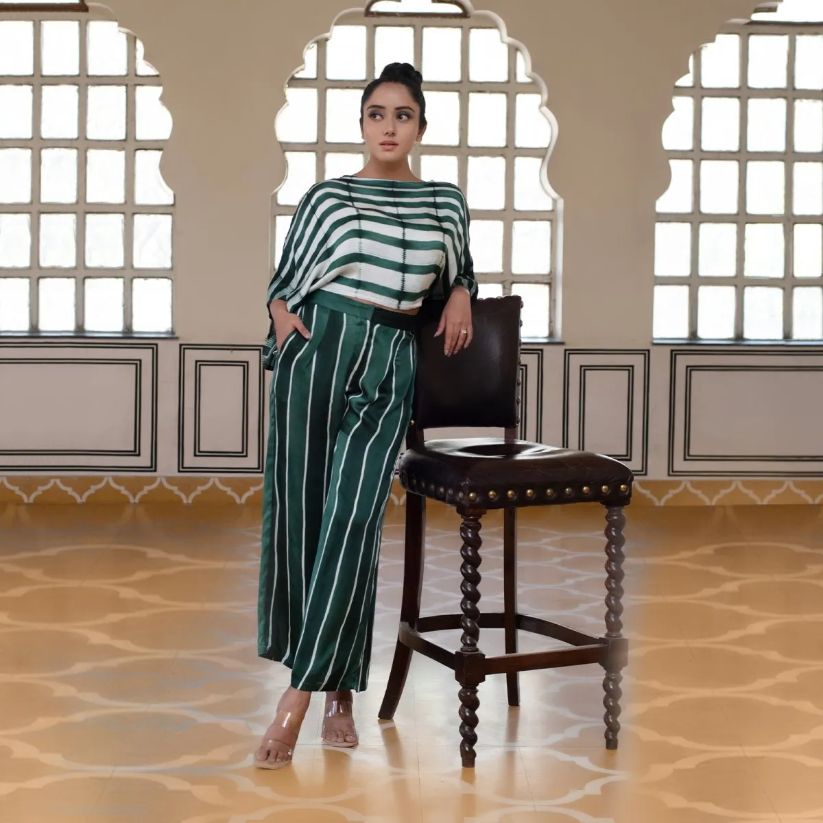 Green Stripe Handprinted Shibori Silk Co-Ord Set