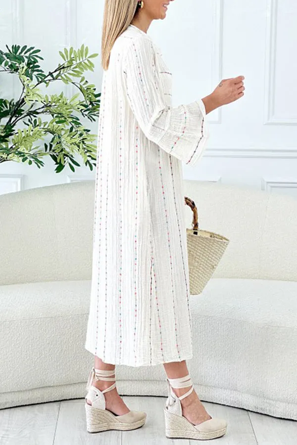 Kaftan Summer Beige Striped Pattern V-Neck Bell Sleeve Dress