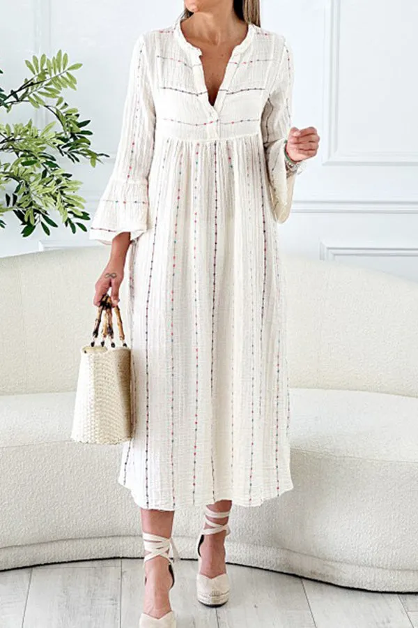 Kaftan Summer Beige Striped Pattern V-Neck Bell Sleeve Dress