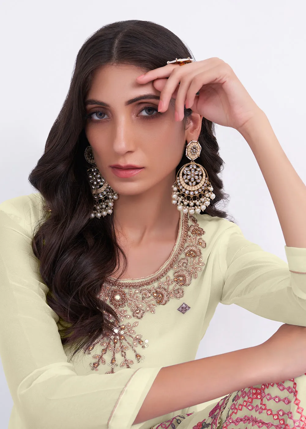 Light Yellow Sequins & Multi Thread Work Designer Sharara Suit