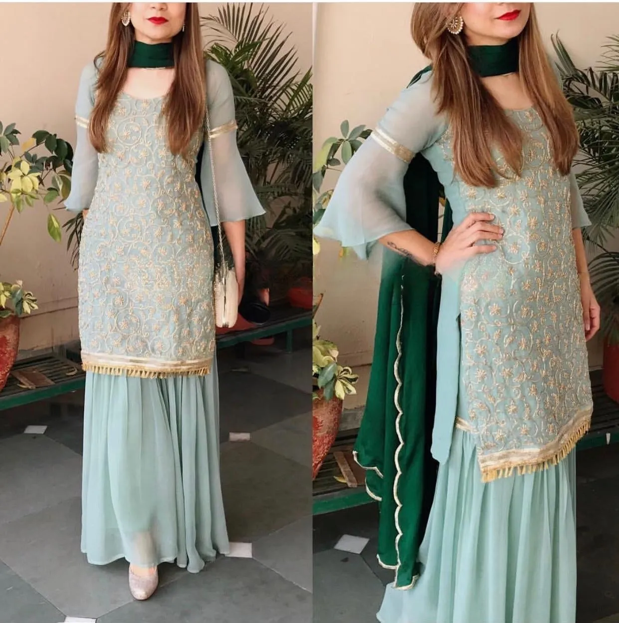 Mesmerizing Sea Green Georgette Sharara Suit - Be the Star of the Party