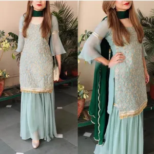 Mesmerizing Sea Green Georgette Sharara Suit - Be the Star of the Party