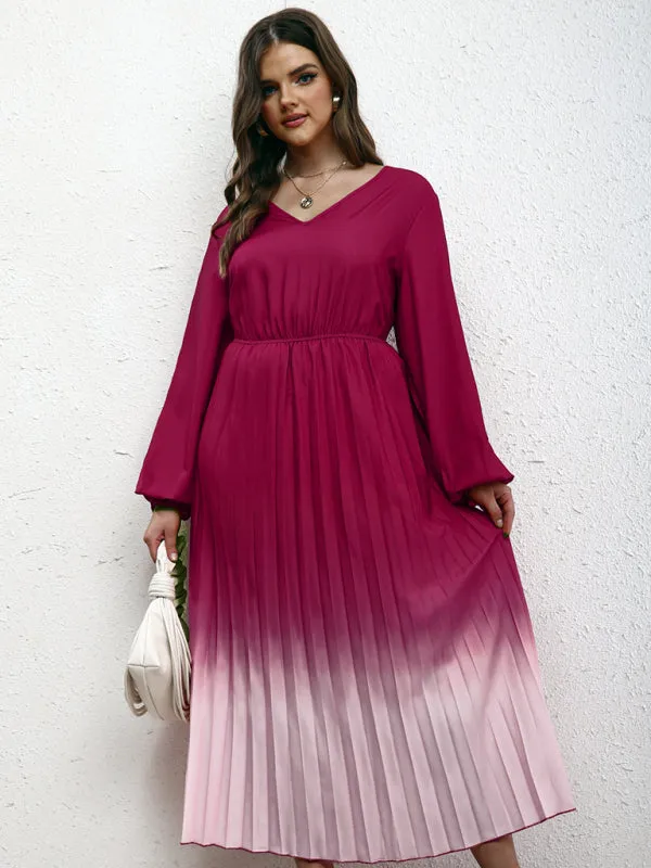 New plus size women's temperament gradient pleated dress