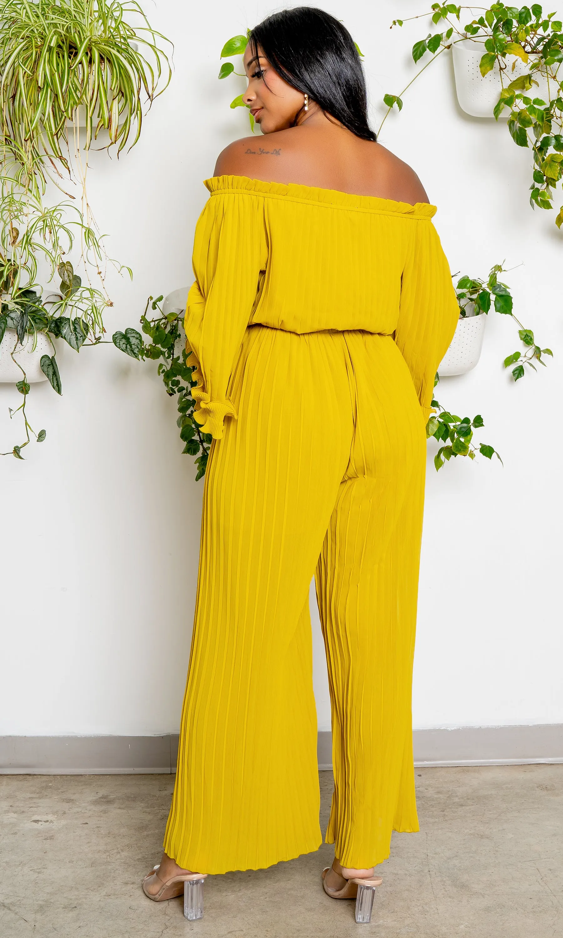 Off The Shoulder Pleated Chiffon Jumpsuit- Chartreuse