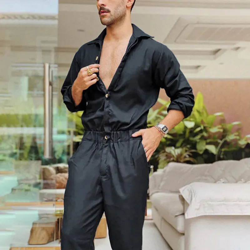 Personalized European and American Men's Long-sleeved Single-breasted Fashionable Jumpsuit with Lapel Solid Color Waist Jumpsuit