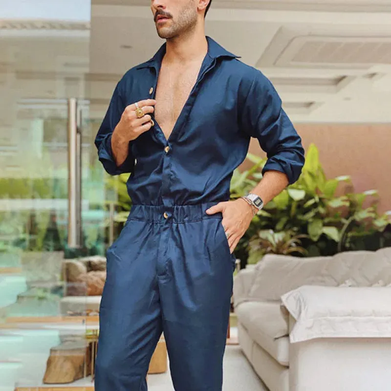 Personalized European and American Men's Long-sleeved Single-breasted Fashionable Jumpsuit with Lapel Solid Color Waist Jumpsuit