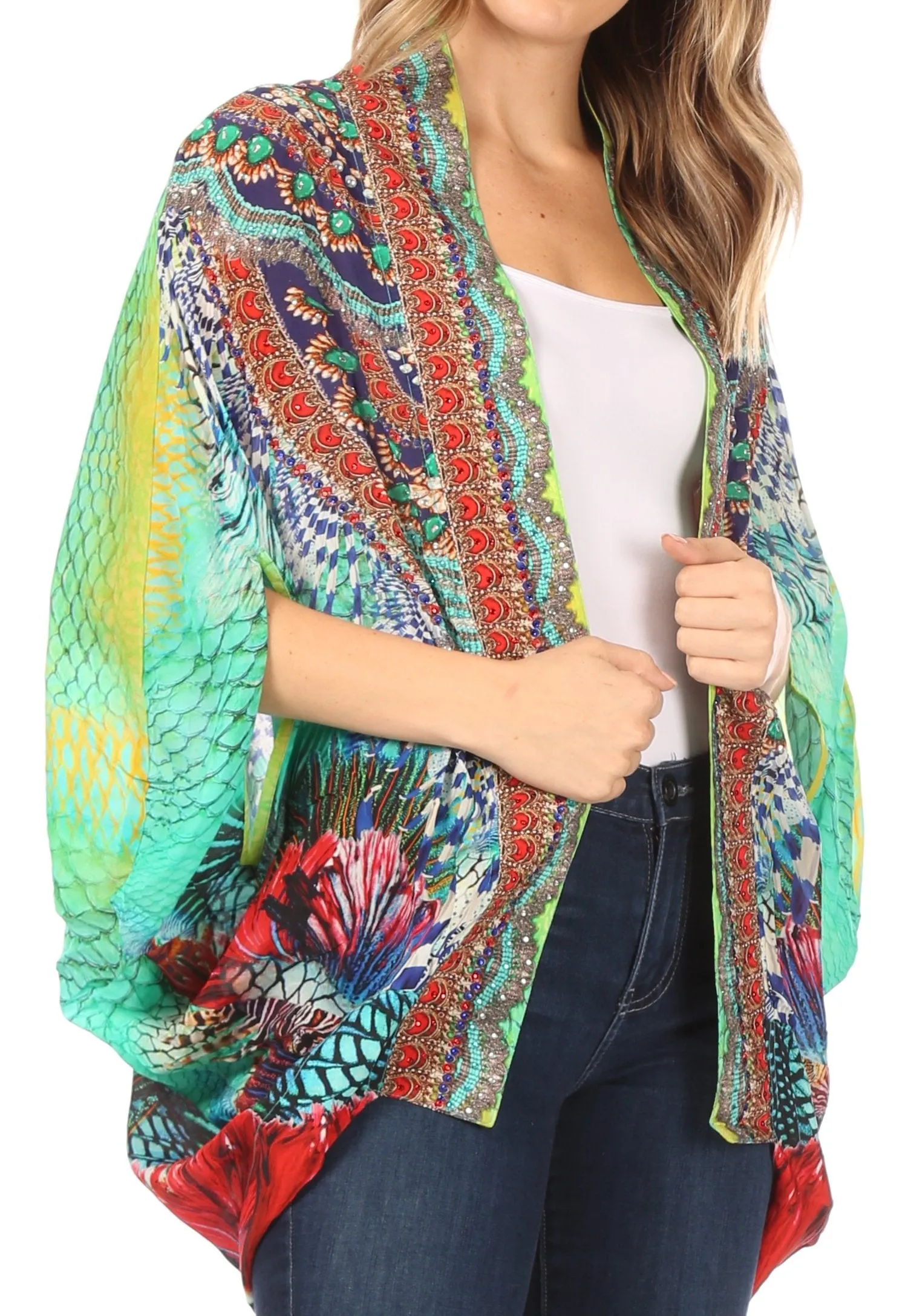 Sakkas Jenna Women's Casual Boho Sheer Kimono Loose Cardigan Cape Trendy Printed