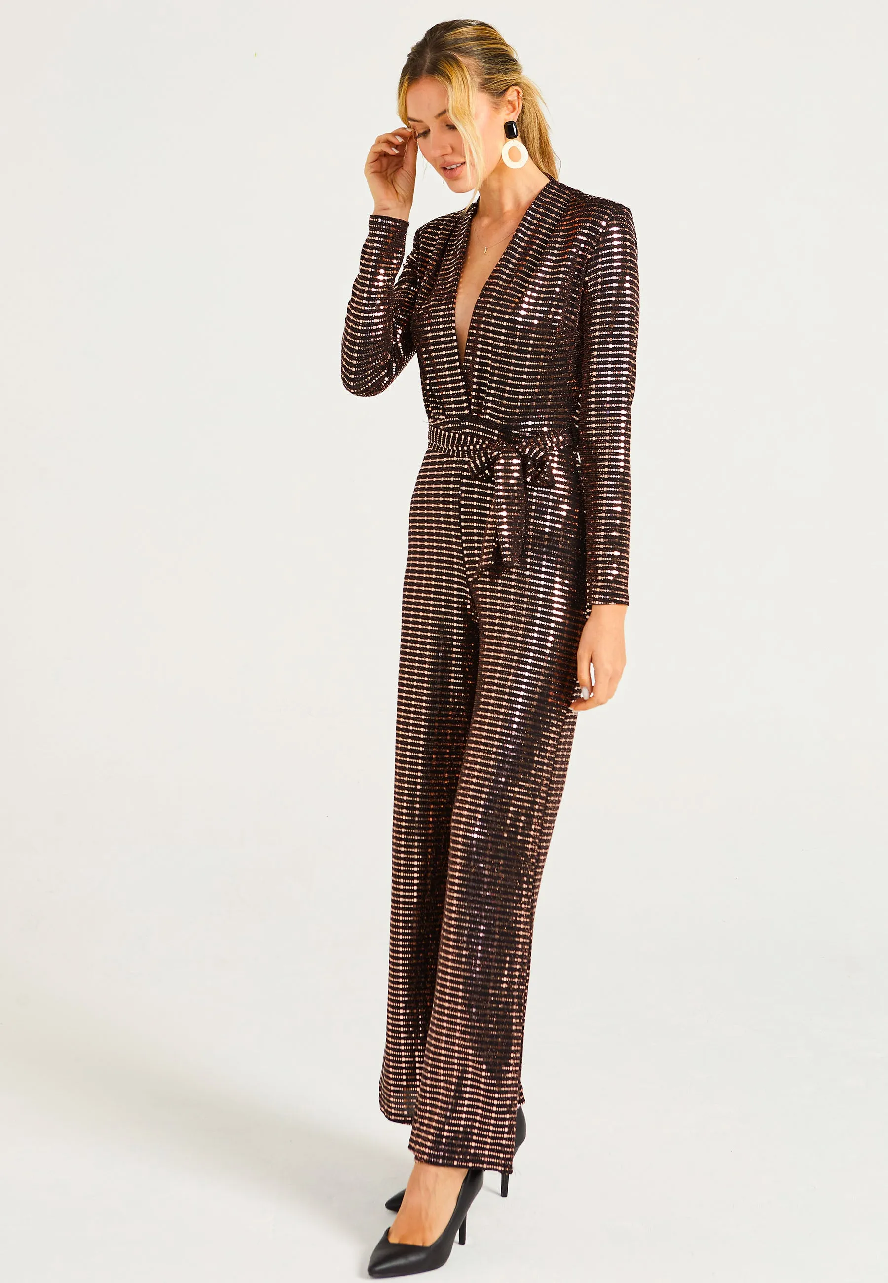 Sequin Plunge Neck Faux Wrap Jumpsuit in Gold