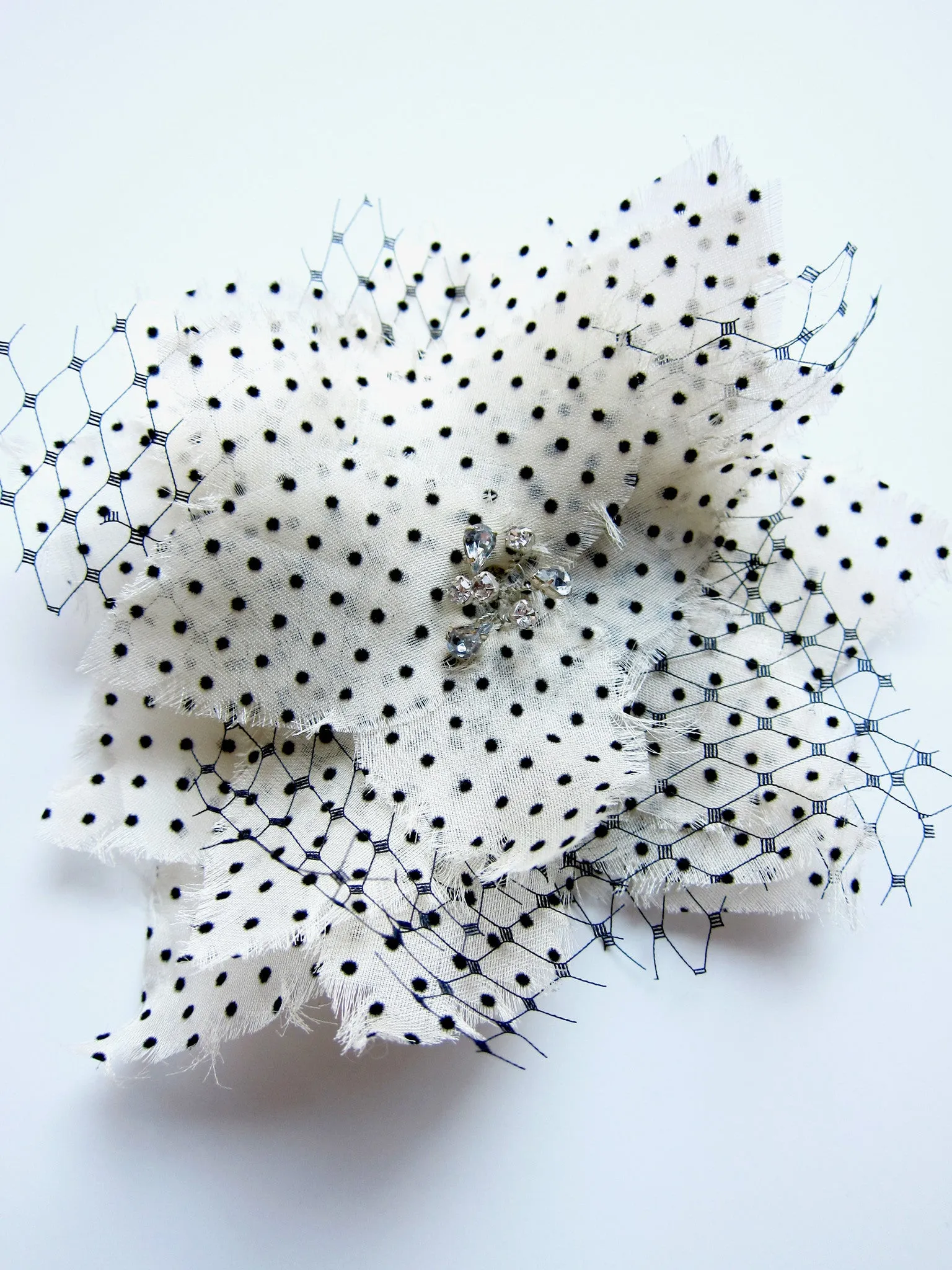 Silk Organza Black Flocked Polka-dot Hair Flower/Brooch