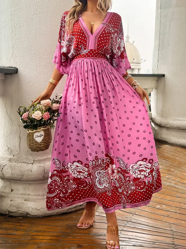 Spring and summer casual holiday printed V-neck long skirt