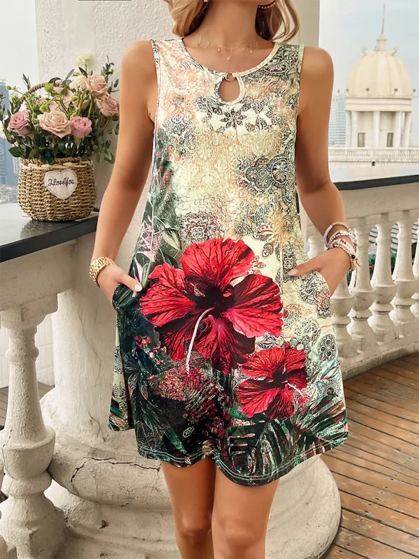 Spring and summer casual holiday sleeveless printed dress