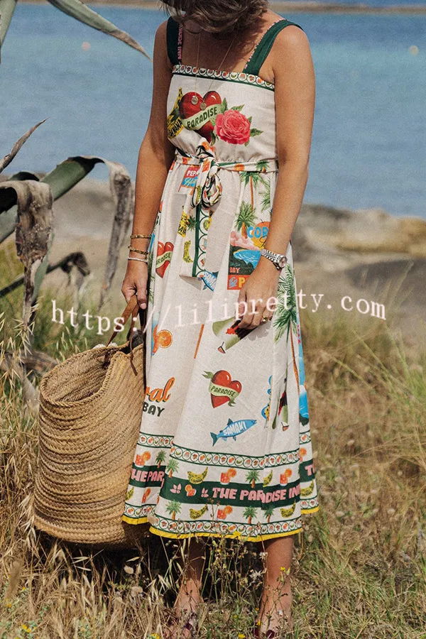 Summer Vibes Linen Blend Unique Print Smocked Belt Midi Dress