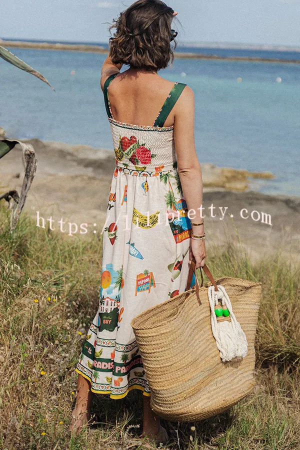 Summer Vibes Linen Blend Unique Print Smocked Belt Midi Dress