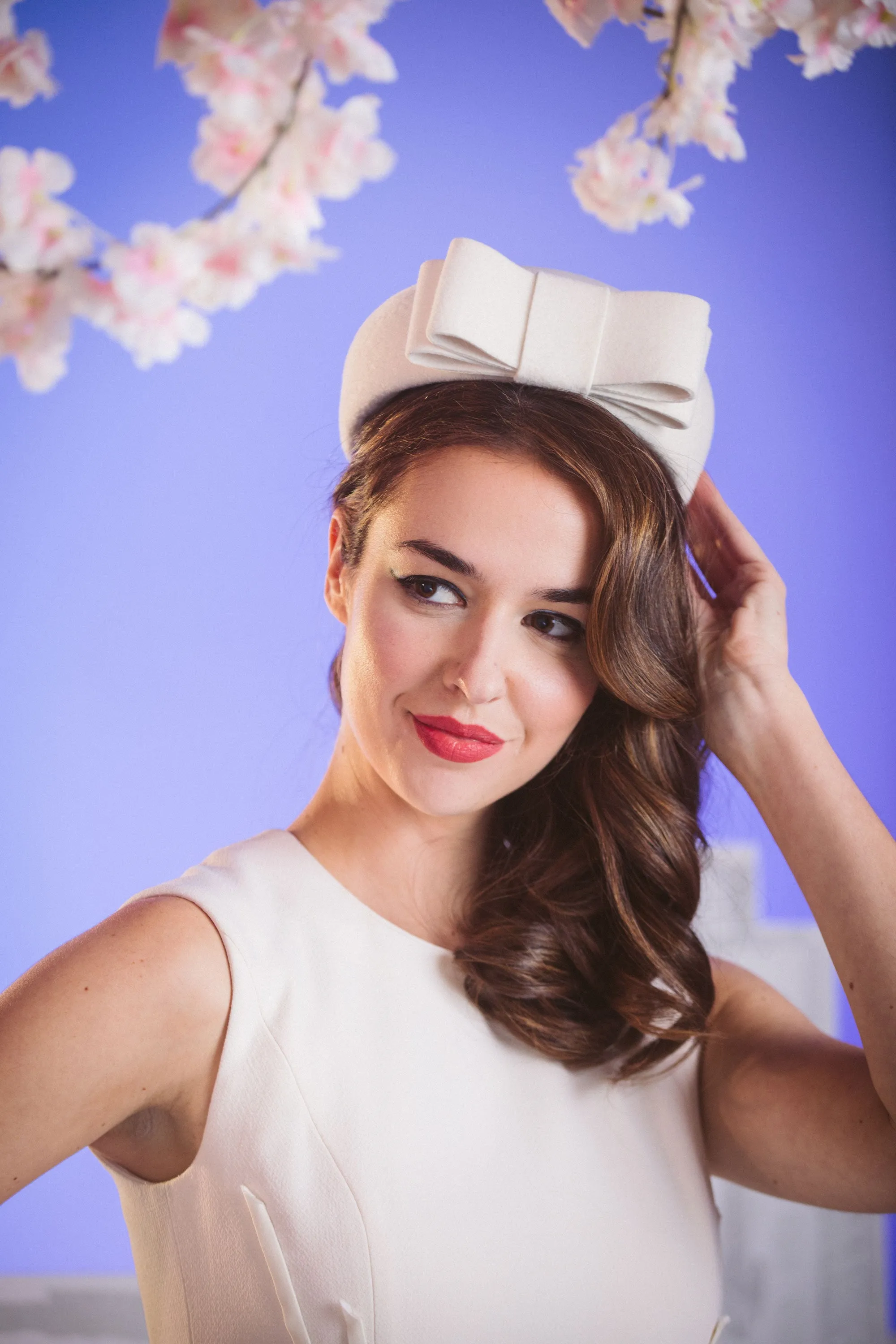 Theodora: Felt Bridal Pillbox Hat with Large Bows