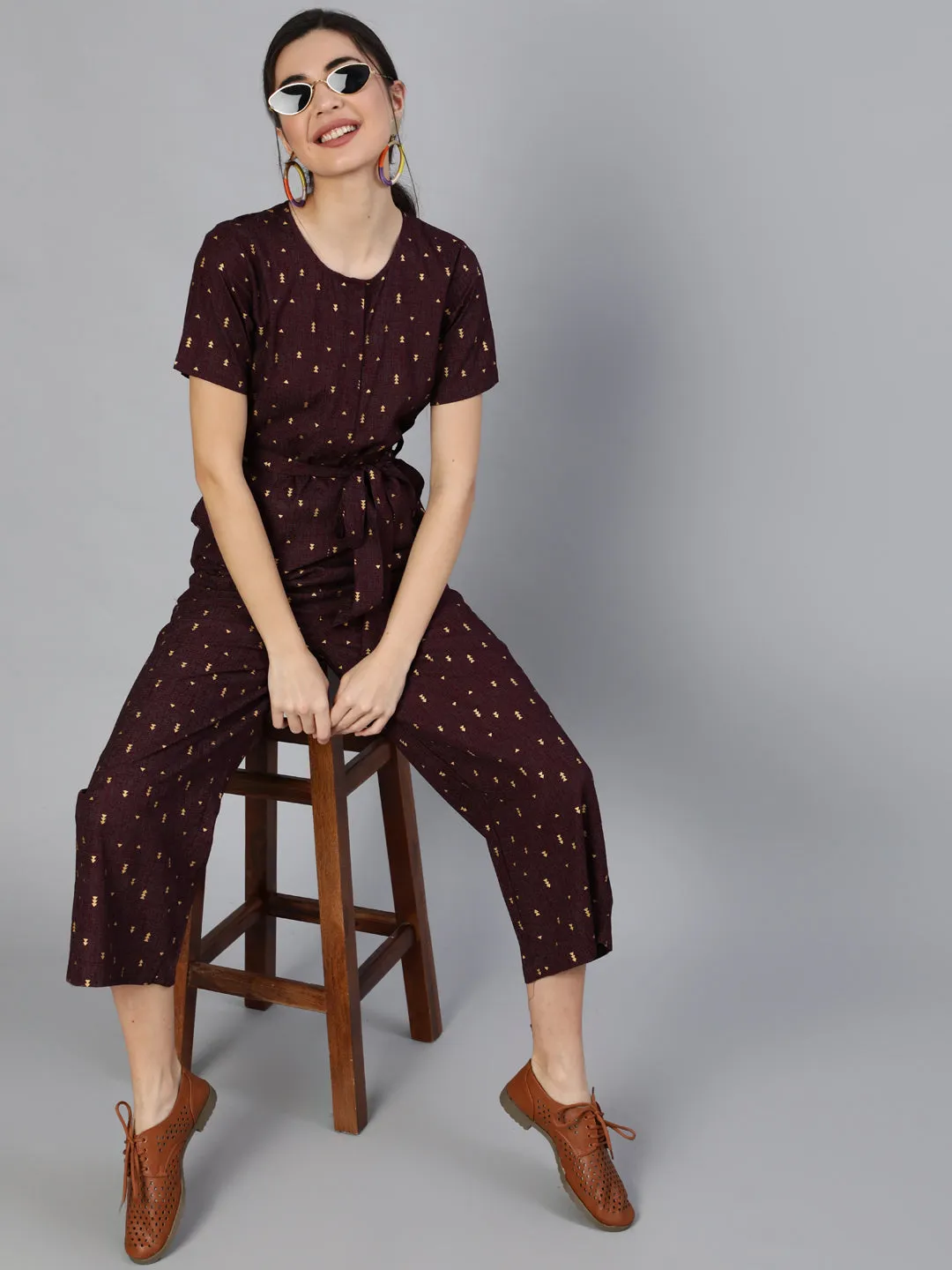 Women Burgundy Printed Jumpsuit With Side Pockets