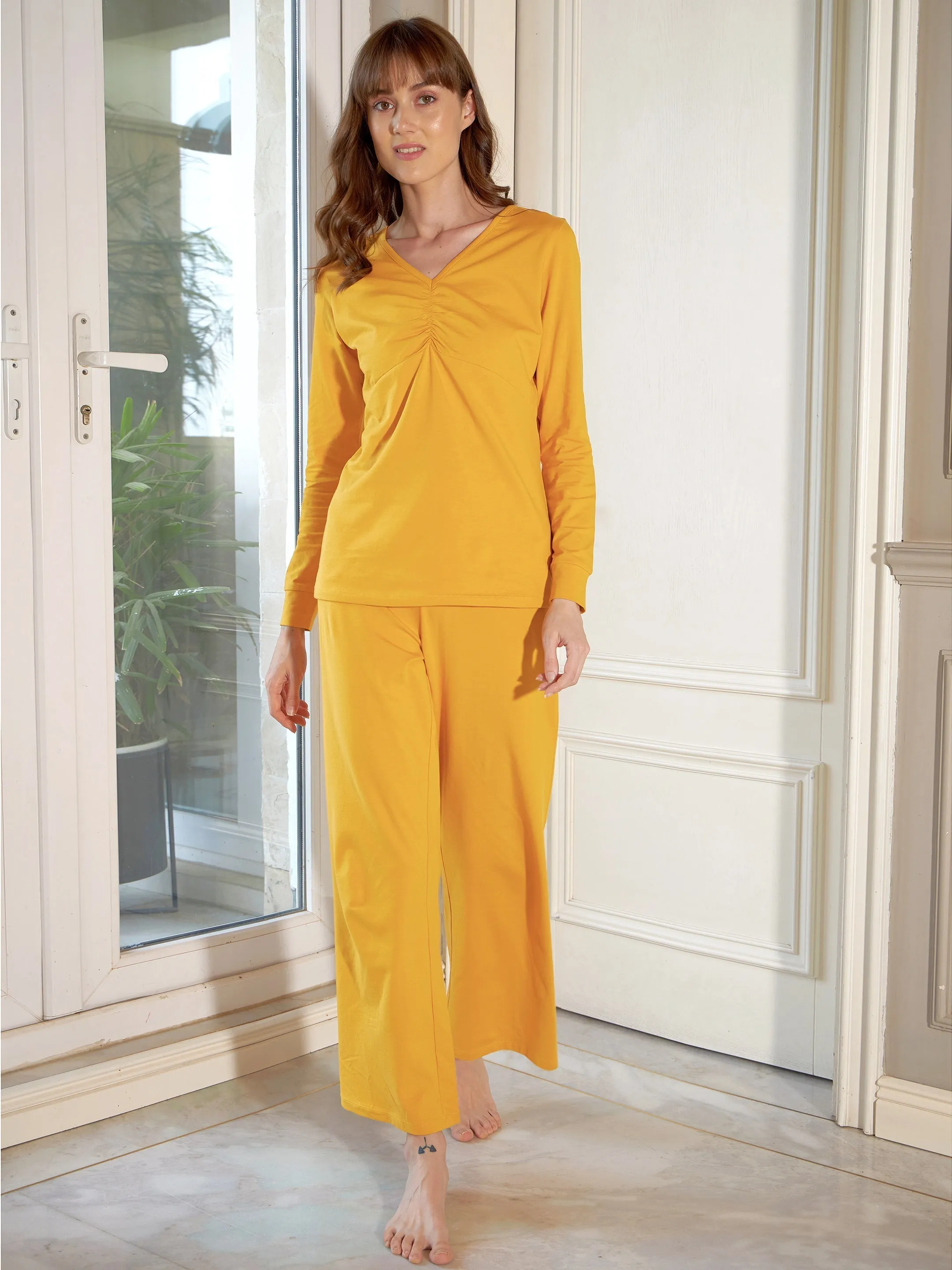 Women Mustard Ruched T-Shirt With Lounge Pants