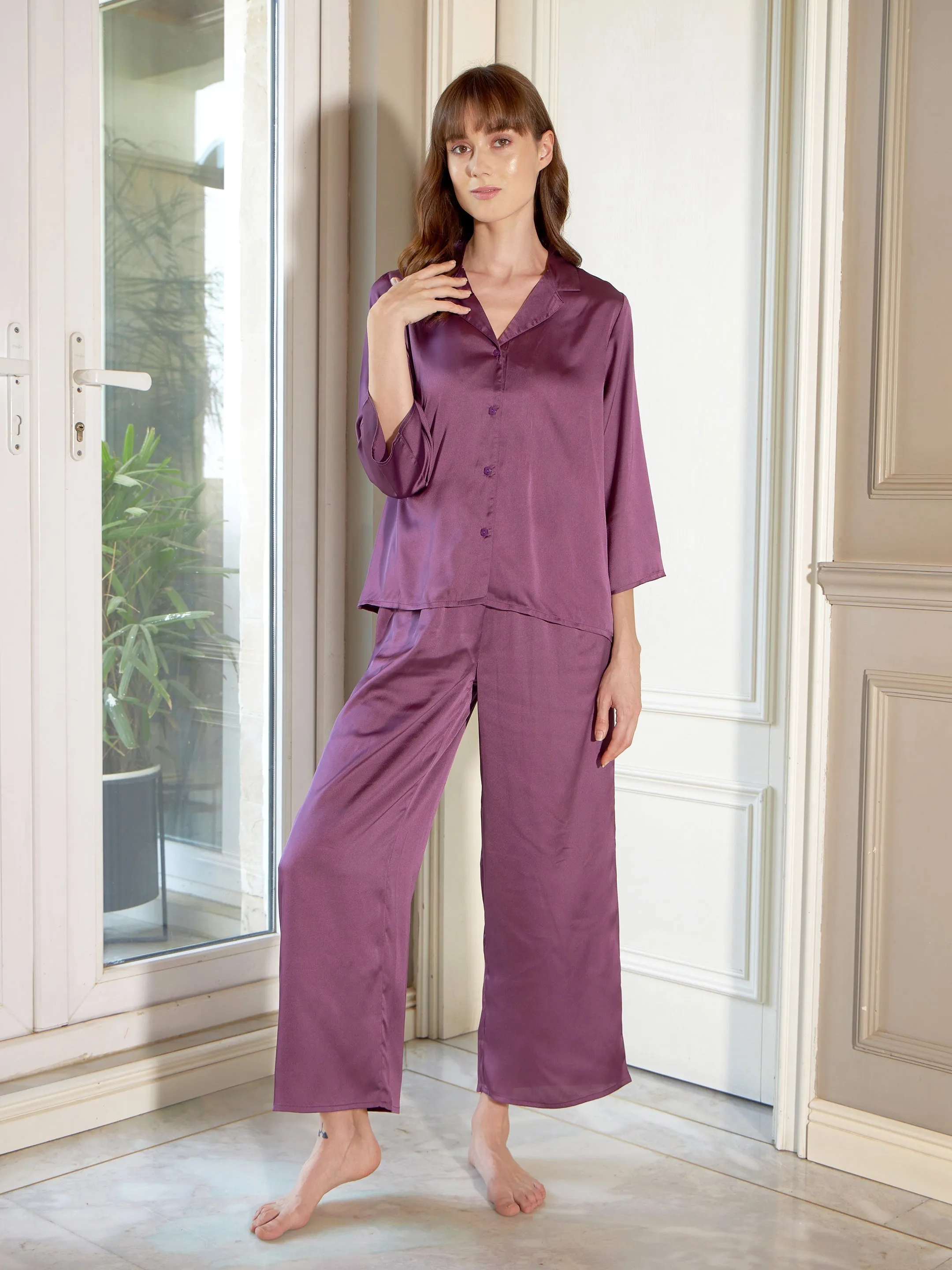 Women Purple Satin Shirt With Lounge Pants