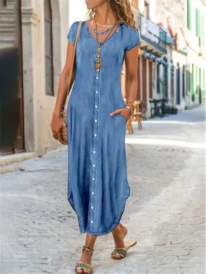 Women's Casual Dress Shift Dress Denim Shirt Dress Maxi long Dress Denim Fashion Basic Outdoor Daily Vacation V Neck Button Pocket Short Sleeve Summer Spring 2023 Regular Fit Blue Plain S M L XL 2XL